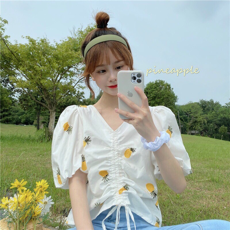 Áo voan hoa in dâu dứa rút bụng thời trang TTSA0831