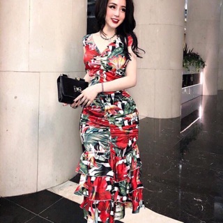 Đầm body nhún bèo in họa tiết cực xinh