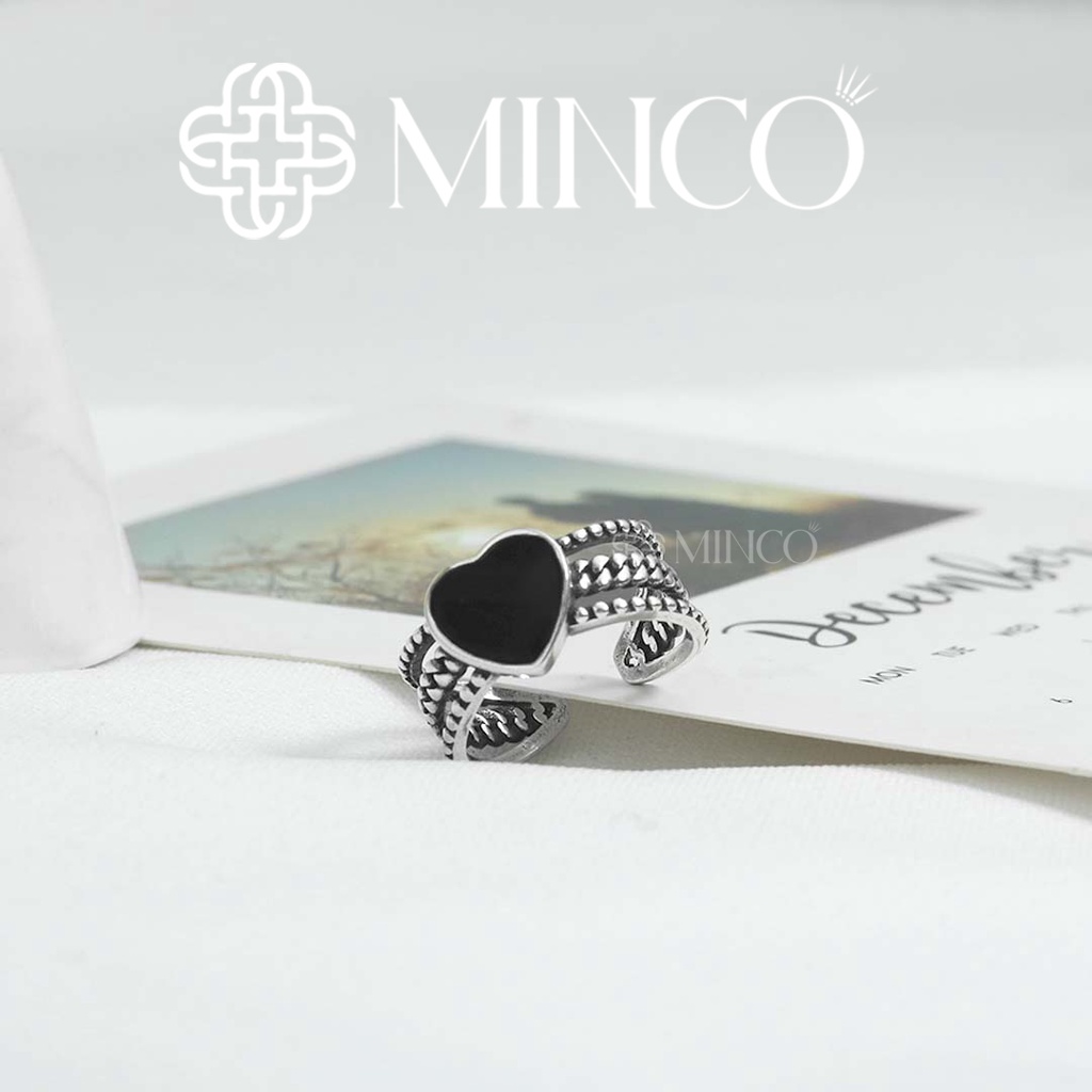 Nhẫn nữ đính đá đen trái tim phối xích Minco Accessories thiết kế free size phong cách cá tính NT102-2