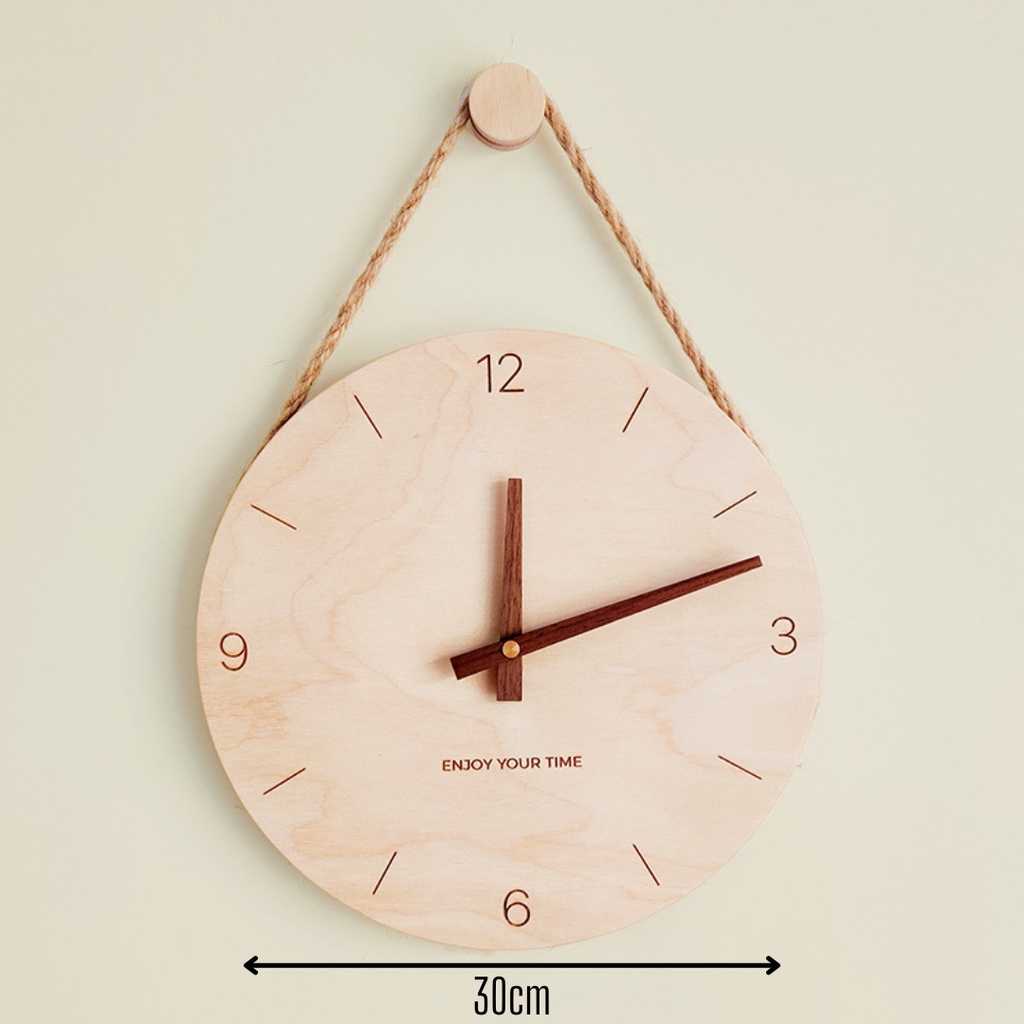 Đồng hồ treo tường 12 inch gỗ tự nhiên nguyên khối phong cách Bắc Âu kèm núm và dây treo Decor trang trí nhà cửa