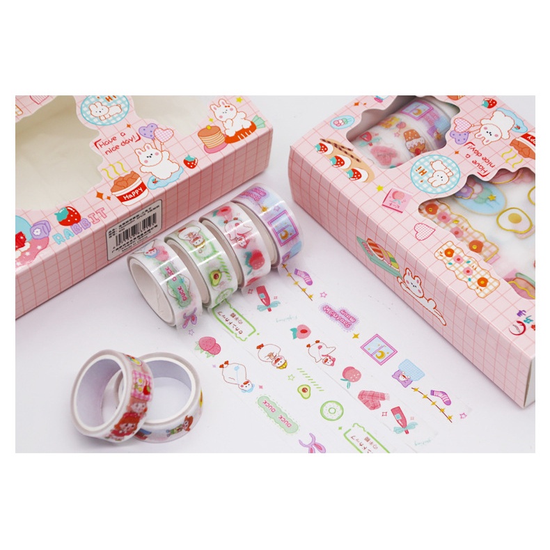 Hộp 5 cuộn washi tape + 9 tờ sticker Băng dính washi tape nhiều hình cute dễ thương CREAMY WST130