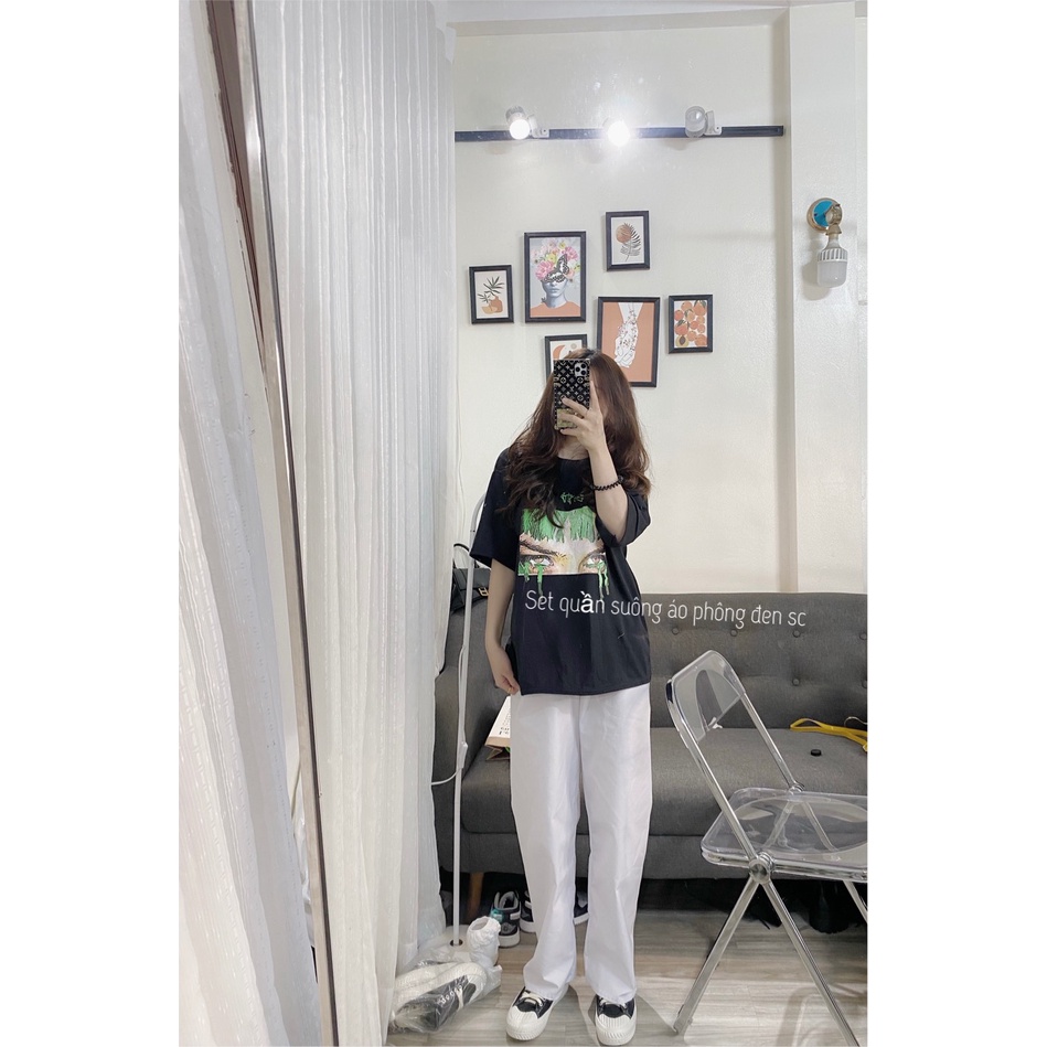 Set quần kaki trắng kèm áo thun đen in hình tay lỡ form rộng unisex, quần kaki dáng suông trẻ trung