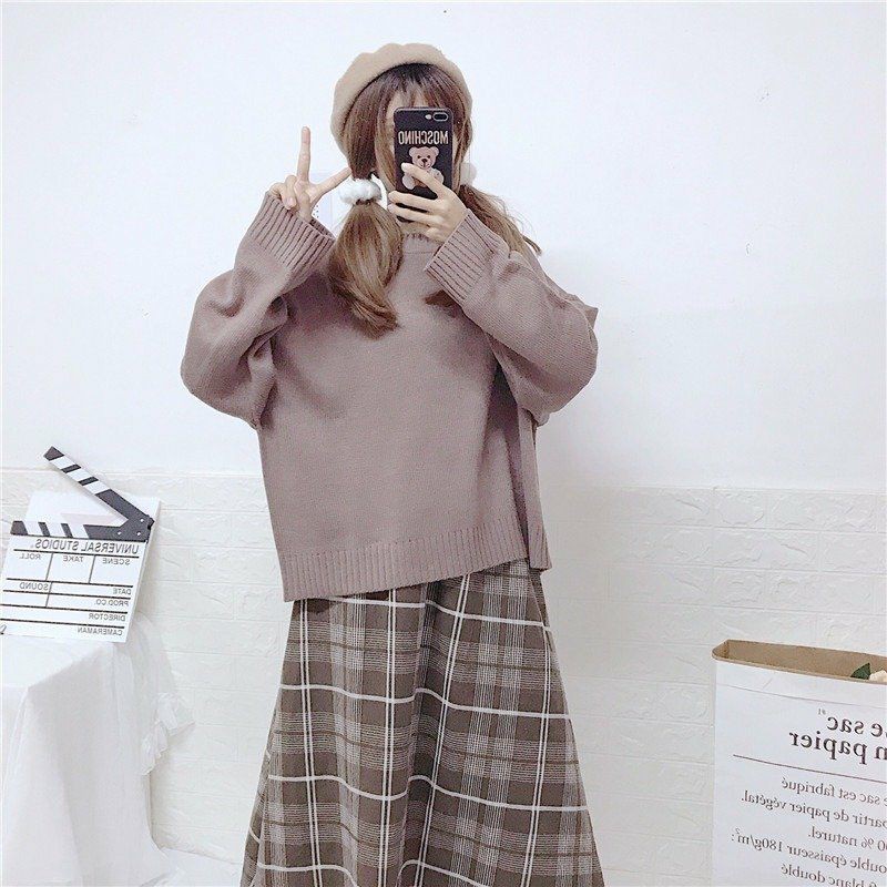 (Có sẵn) Set cô gái nhỏ Nhật Bản ngọt ngào váy kẻ phối áo len dệt kim màu tím | BigBuy360 - bigbuy360.vn