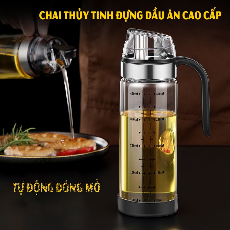 Chai Thủy Tinh Đựng Dầu Ăn Cao Cấp, Vòi Rót Tự Động Bằng Thép, Dung Tích 450ml - 550ML