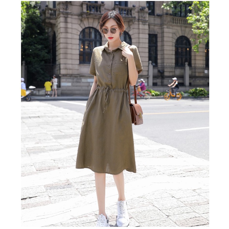 Đầm VÁY SƠ MI dáng suông CỔ ĐỨC 2 túi sườn thiết kế dây RÚT CHUN EO DÁNG VINTAGE