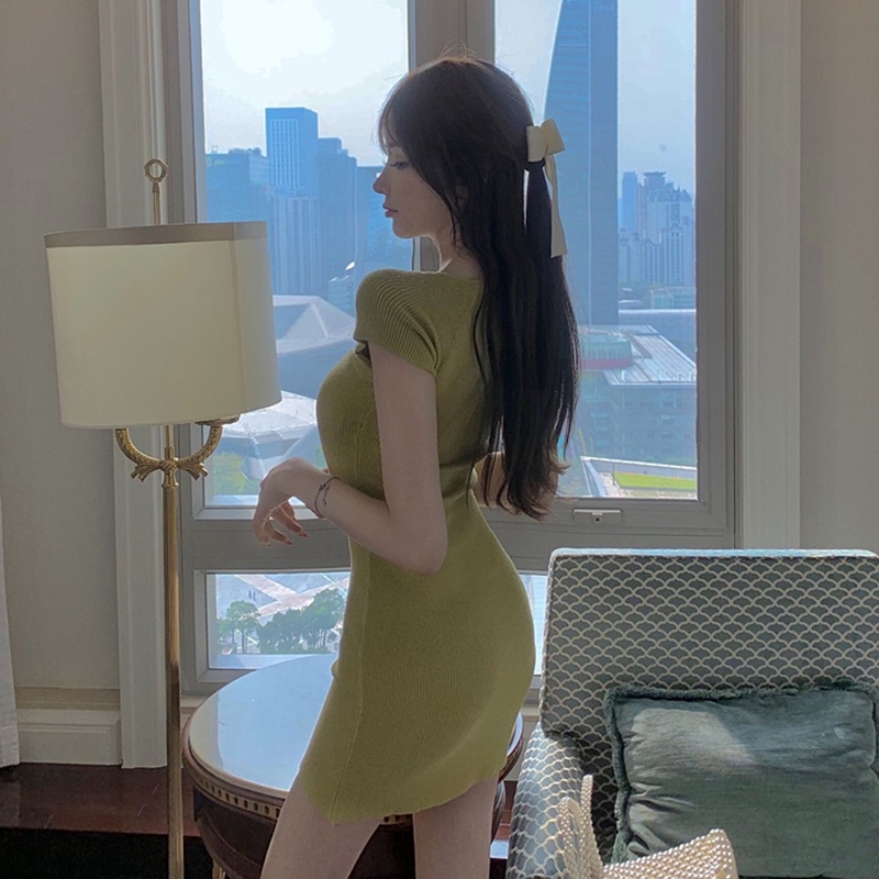 Cocory vn Đầm Dệt Kim Trễ Vai Cổ Vuông Dáng Ôm Phong Cách Âu Mỹ Đơn Giản Gợi Cảm Cho Nữ