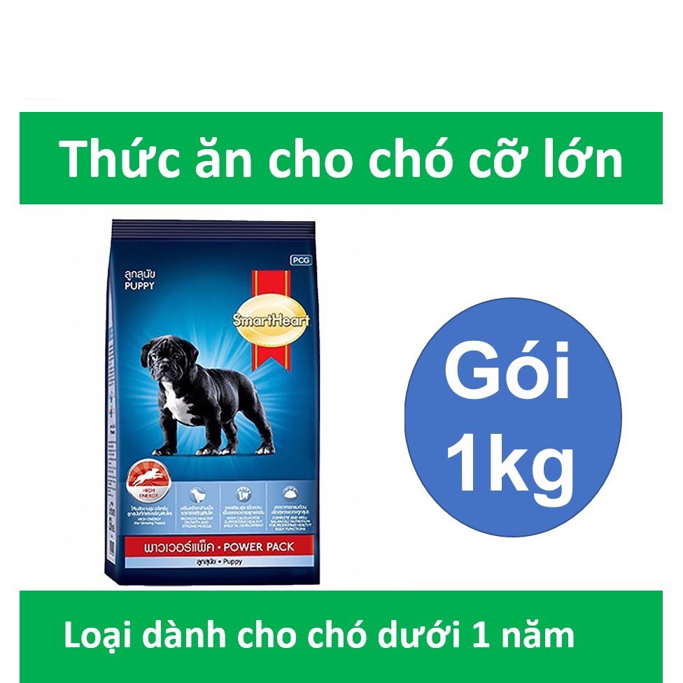 (Chó nhỏ &amp; Lớn)Thức ăn cho chó Smartheart Power Pack Size 1Kg - Phát triển cơ như chó Pug, chó ngao hoặc chó nghiệp vụ