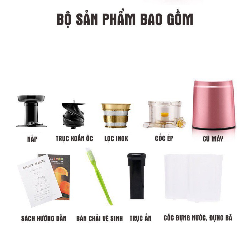 Máy ép chậm hoa quả CÁT Á &amp; MEETJUICE, ép rau củ hoa quả, máy ép chậm VẮT KIỆT bã- BẢO HÀNH 1 NĂM, Tặng kèm 2 cốc đựng!