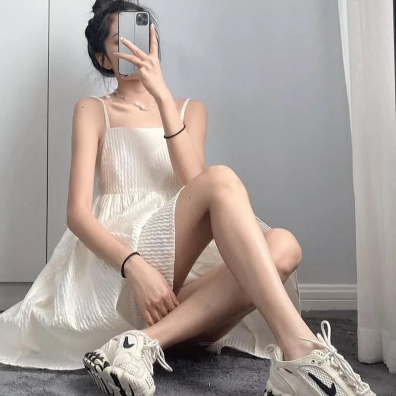 Đầm Babydoll Hai Dây Đũi Nhăn 🌺 Váy suông trơn màu trắng basic thiết kế tiểu thư bánh bèo, mặc đi biển style Ulzzang 🌺