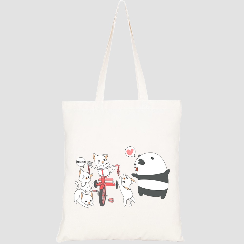 Túi vải tote canvas HTFashion in hình kawaii panda cats with tricycle cartoon style HT189