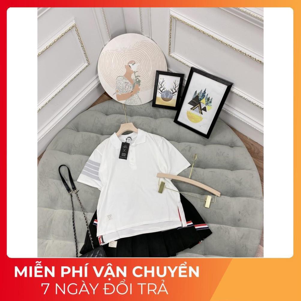 Set Áo Polo Quốc Dân Sọc Tay Mix Chân Váy Ly Ngắn