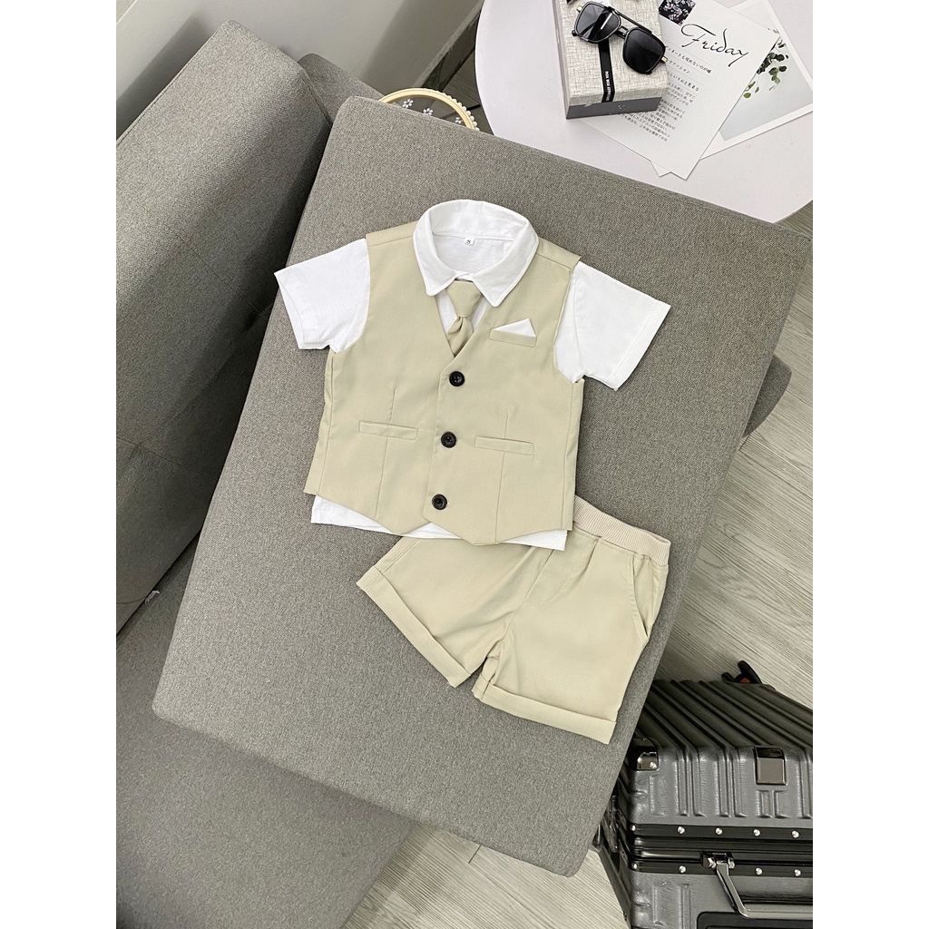 Bộ Vest Ghile Bé Trai Công Tử Bạc Liêu Sang Chảnh + Tặng kèm áo thun cổ sơmi  - Da