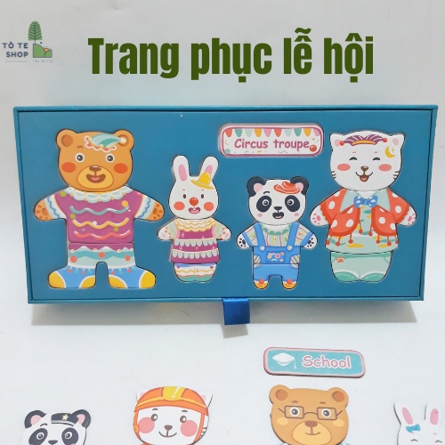 Đồ chơi lắp ráp, thay trang phục gia đình gấu thỏ gồm 5 chủ đề, miếng ghép đẹp, chi tiết bằng nam châm, tặng kèm bút dạ