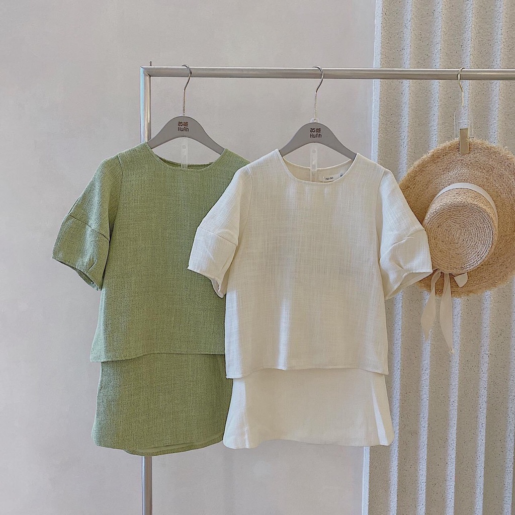 Set Áo Tay Bồng Và Chân Váy Chữ A Có 2 Lớp Phía Sau Lưng Chun Chuẩn Form