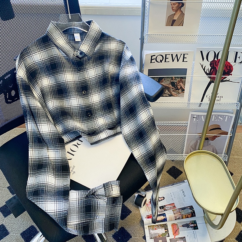 ZHELIHANGFEI Áo Sơ Mi Tay Dài Cổ Bẻ Lưng Cao Họa Tiết Sọc Caro Phong Cách Quyến Rũ