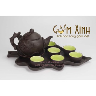 Ấm chén Bát Tràng_Bộ bình trà gốm hoa văn đắp nổi kèm khay lá