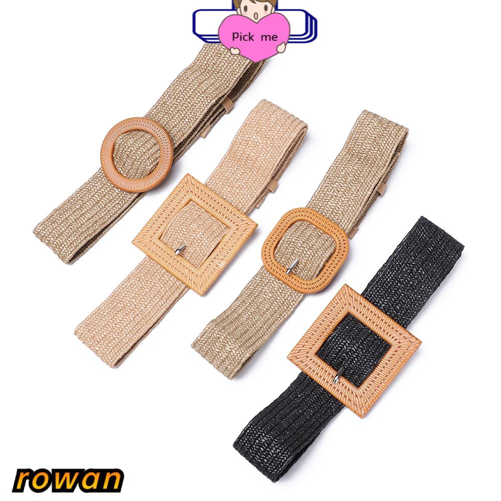 Đai thắt lưng bản to bằng sợi rơm PP có khóa cài gỗ