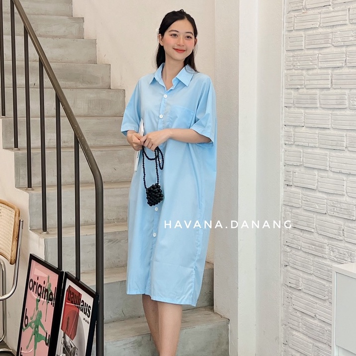 Đầm sơ mi tay cộc, sơ mi một túi hai màu AE148