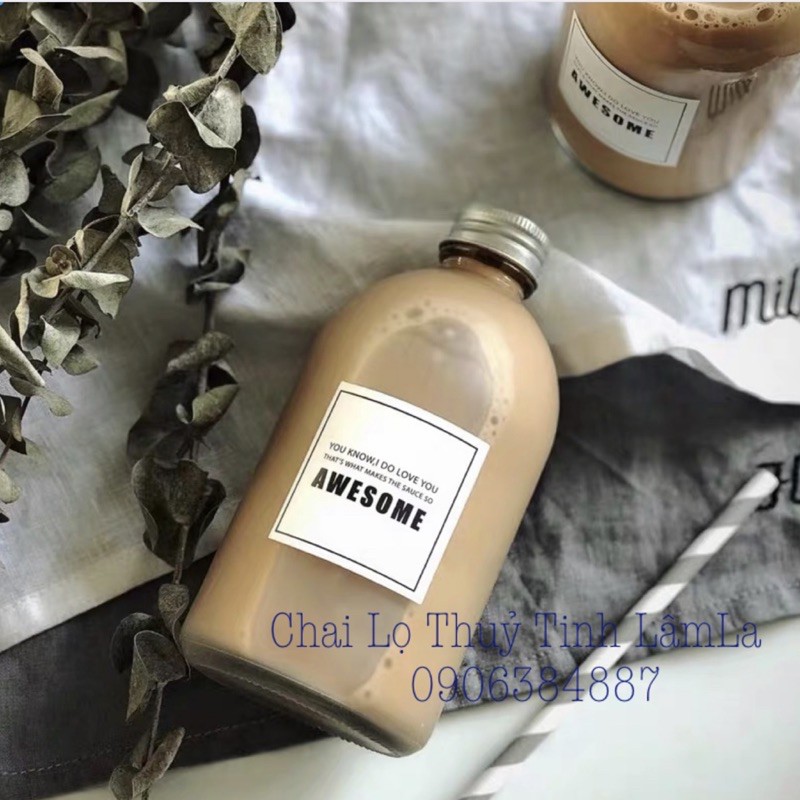 Chai Thuỷ Tinh Tròn Miệng Nhỏ Nắp Nhôm 350ml || Đựng Nước Ép , Sữa Chua Trái Cây , Coffee