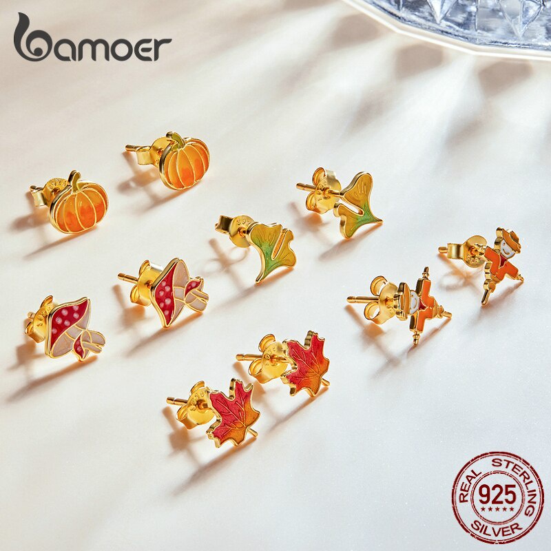 Hoa tai Bamoer SCE1243 bạc 925 hình bù nhìn/bạch quả/lá phong/nấm và bí ngô không gây dị ứng thời trang dành cho nữ