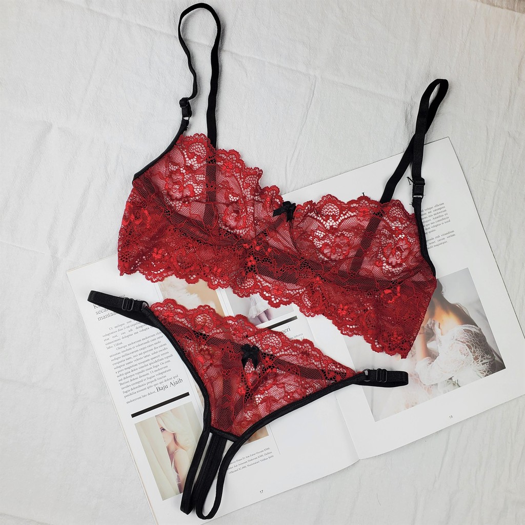 Bộ đồ lót ren sexy🔥 NS186 ren màu đỏ hoa văn không gọng không mút gợi cảm quần không đáy Nhà Sò Bra.com