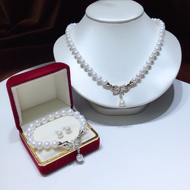 Bộ trang sức khóa nơ trắng 8ly