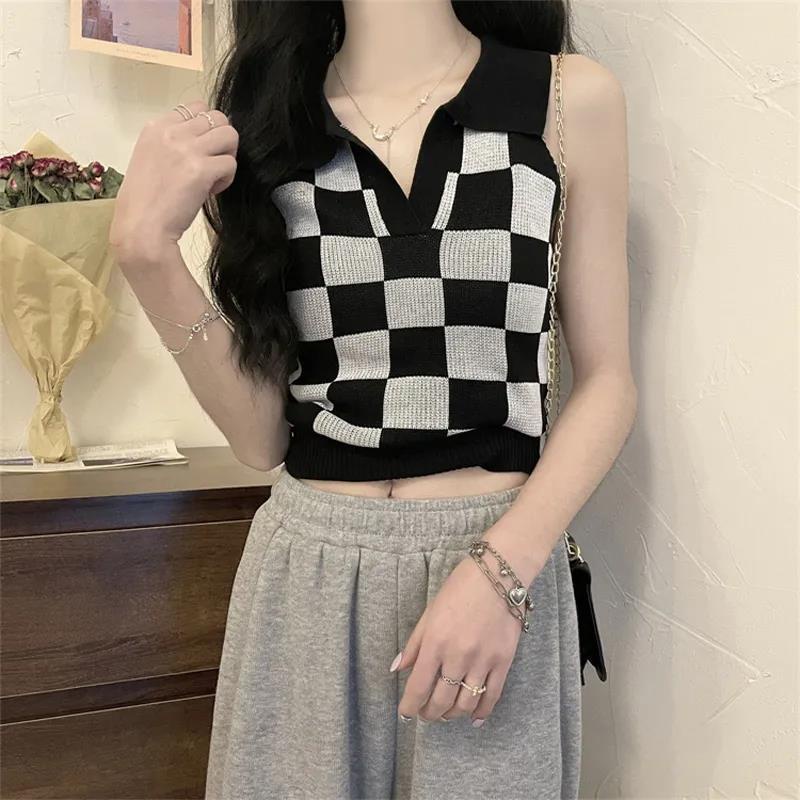 Áo Sơ Mi Ngắn Cổ Polo Họa Tiết Kẻ Ô Trắng Đen Thời Trang Mùa Hè Dành Cho Nữ