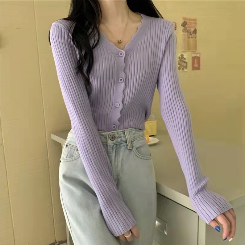 SUXI Áo Khoác Cardigan Dệt Kim Tay Dài Cổ Chữ V Màu Sắc Đơn Giản Cho Nữ