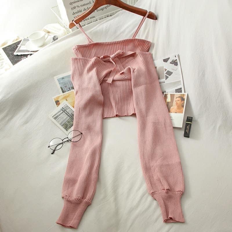 Áo len nữ trễ vai ❤️áo croptop 2 dây ❤️chất len dệt kim về đủ 4 màu XMHH