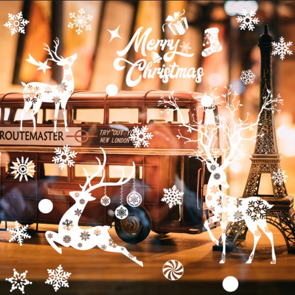 Decal trang trí Noel Hít Tĩnh Điện - Những chú Nai trắng kèm hoa tuyết rơi