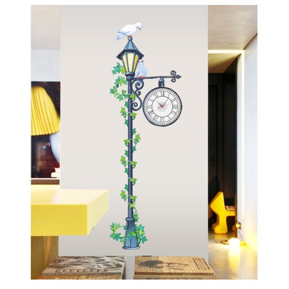Decal Trang Trí Tường Kèm Đồng Hồ Dán Tường- Cây Đèn Đường Cổ Điển ( Cao Cấp )