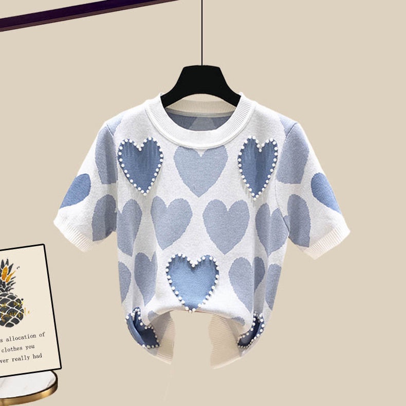 Áo nữ BH tay ngắn cổ tròn họa tiết trái tim thời trang xinh xắn cho nữ