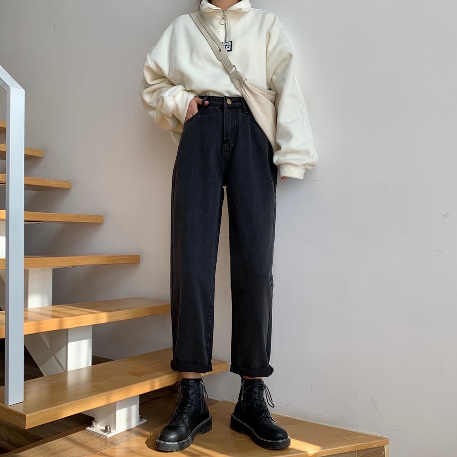 DUNEA Quần Denim Eo Cao Dáng Rộng Thời Trang L0329