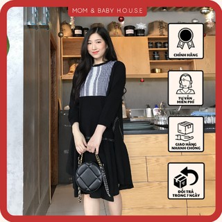 Đầm bầu đen đuôi cá phối ngực karo tay dài