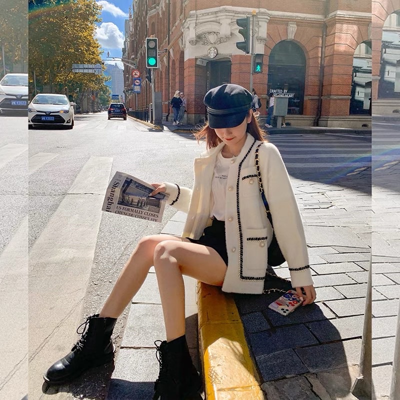 Hàng Quảng Châu dày🖤Áo khoác len cardigan lông thỏ viền kẻ cúc ngọc cao cấp phong cách Hàn Quốc