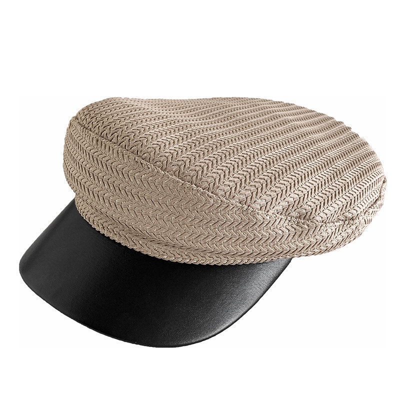Mũ beret nữ thời trang có vành da Pu kết hợp vải cotton họa tiết sọc xương cá lấp lánh 3 màu