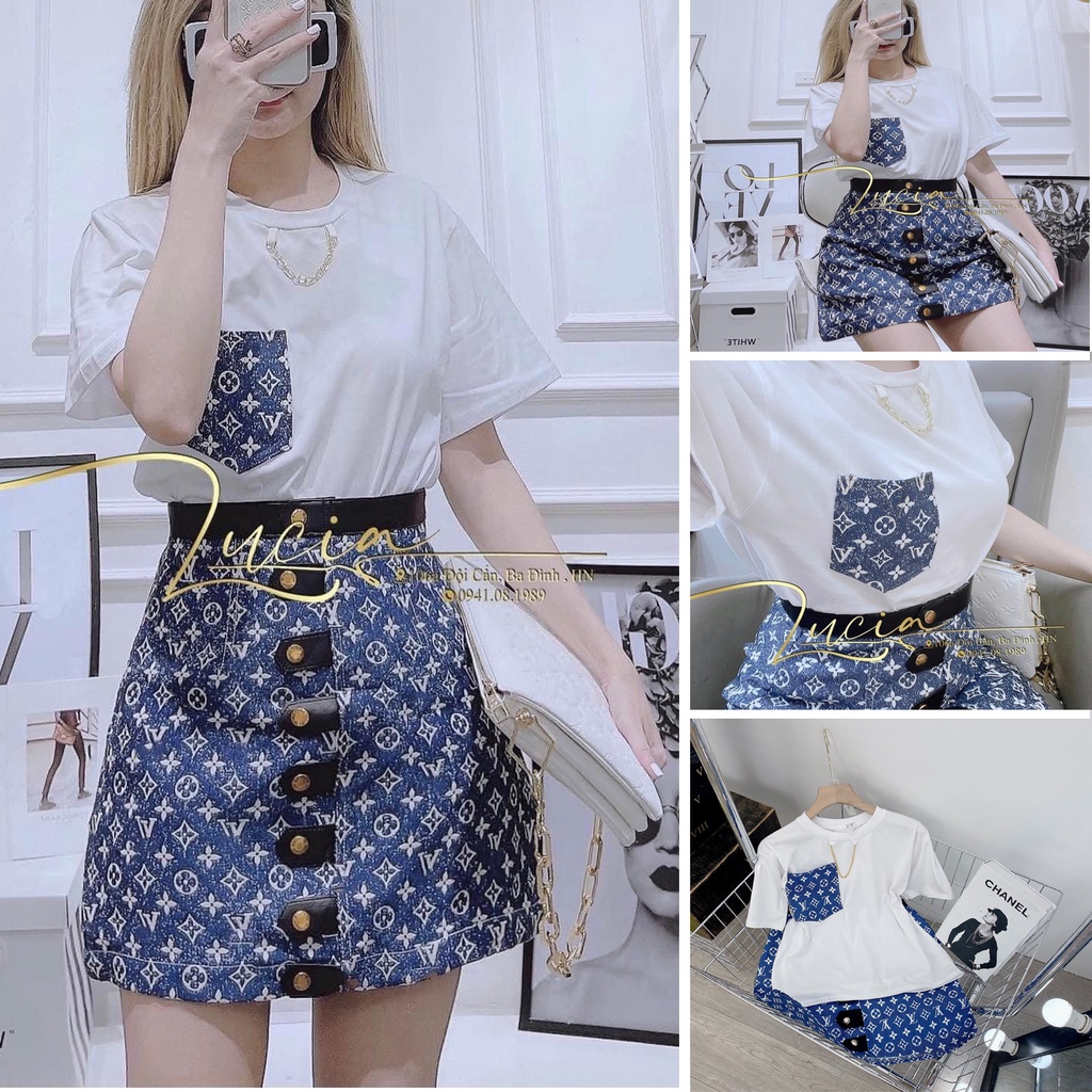 Set áo thun dây xích nắp túi chân váy họa tiết BN10174
