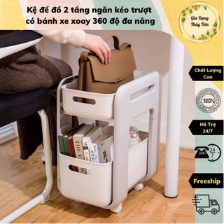  Kệ để đồ 2 tầng ngăn kéo trượt có bánh xe xoay 360 độ đa năng để gia vị đồ dùng nhà tắm tiện dụng Hokori 