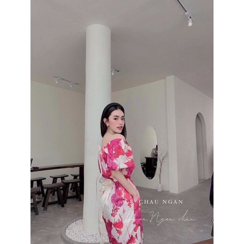 Váy trễ vai hoạ tiết nơ lưng (ảnh thật) | BigBuy360 - bigbuy360.vn