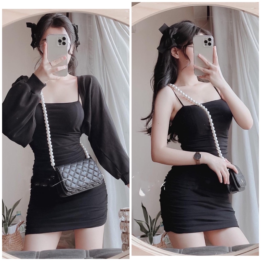 Set váy 2 dây kèm áo khoác 💖FREESHIP💖 Đầm 2 dây mix áo khoác ngoài xinh xắn AD48 | BigBuy360 - bigbuy360.vn