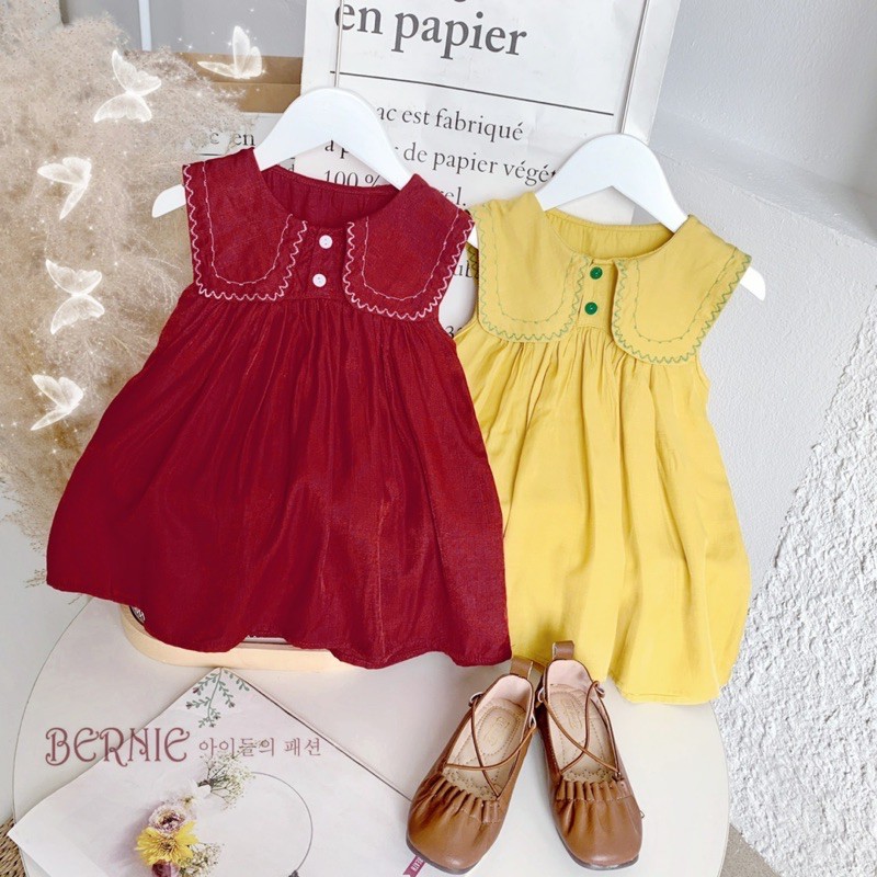 (Xả lẻ size)  Đầm Bé Gái Cổ Thủy Thủ Thêu Viền, Váy Babydoll Chất Đũi Hàn Mặc Mùa Hè Thoáng Mát - ShopGo