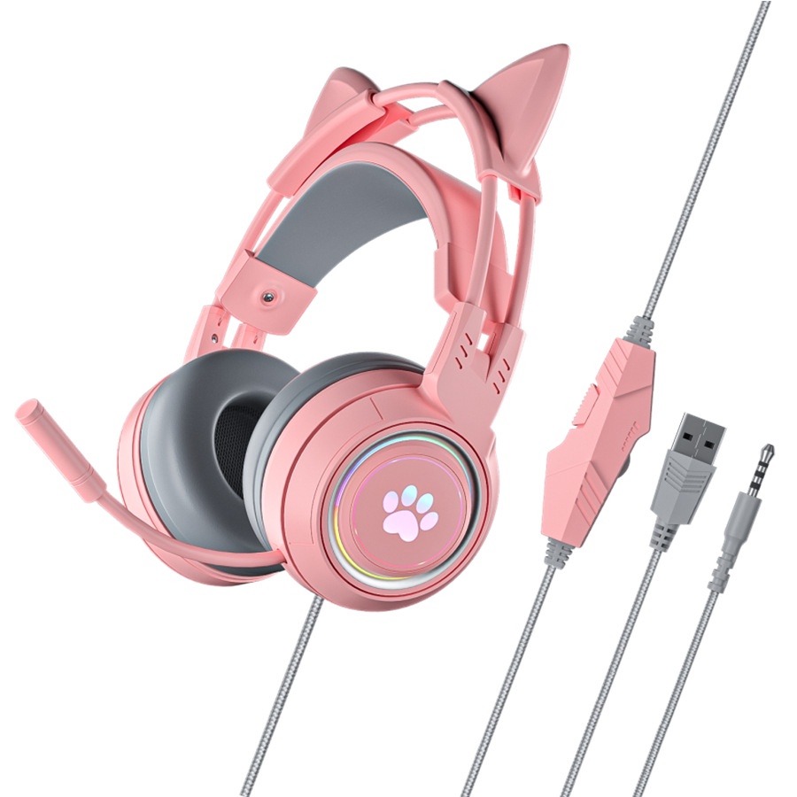 Tai nghe Gaming chụp tai màu hồng có đèn Led và Mic, headphone cho PC, lap, điện thoại