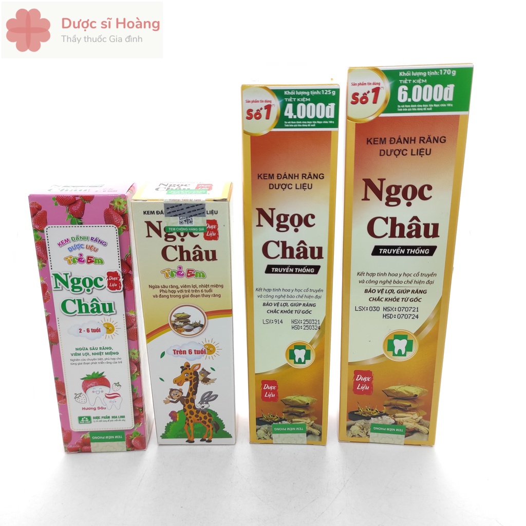 Kem Đánh Răng Dược Liệu Ngọc Châu 125g,170g,Trăng Răng, Trẻ Em 2-6 tuổi, Trên 6 tuổi