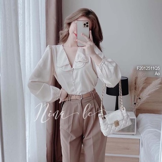 Áo sơ mi lụa cổ đính chuỗi ngọc tay dài!