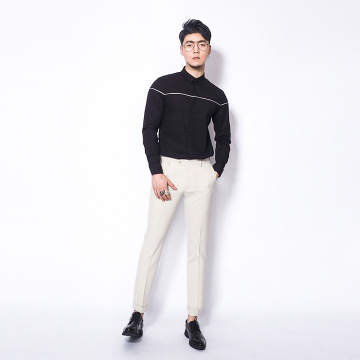 Áo sơ mi nam kẻ ngang ngực trắng đen👑 Áo sơ mi công sở tay dài vải thái bền màu chống nhăn chống xù