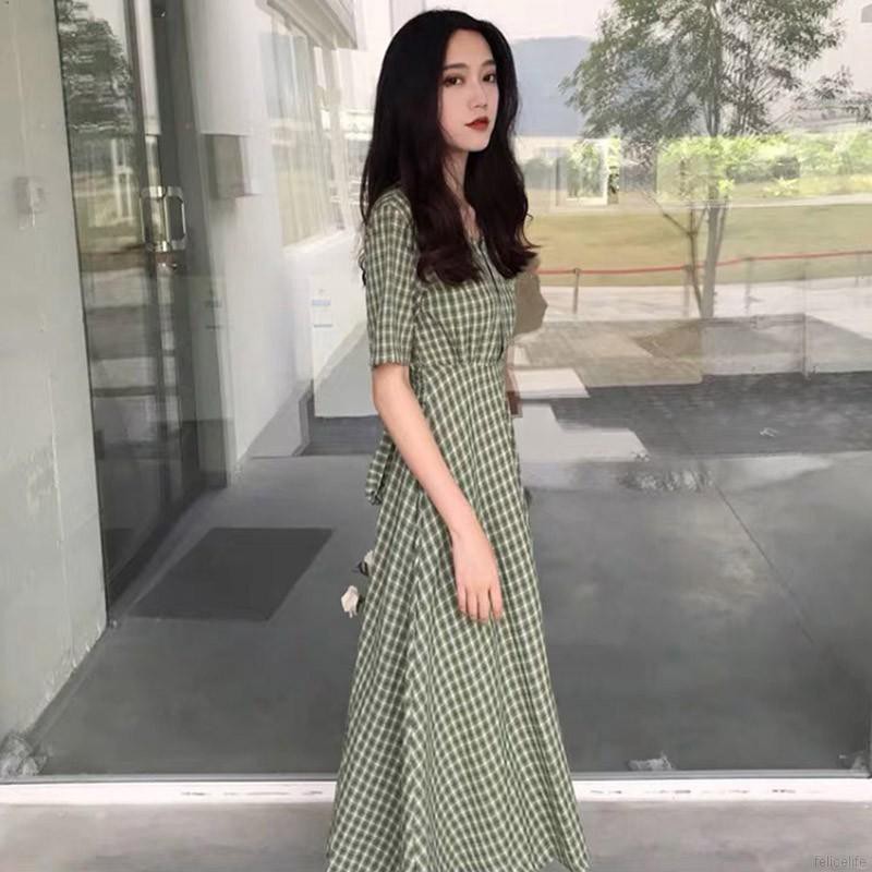 Đầm Nữ Cổ Tròn Họa Tiết Caro Thời Trang