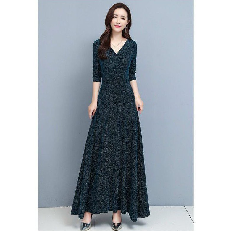 HÀNG NHẬP - ĐẦM MAXI THUN KIM TUYẾN TAY DÀI