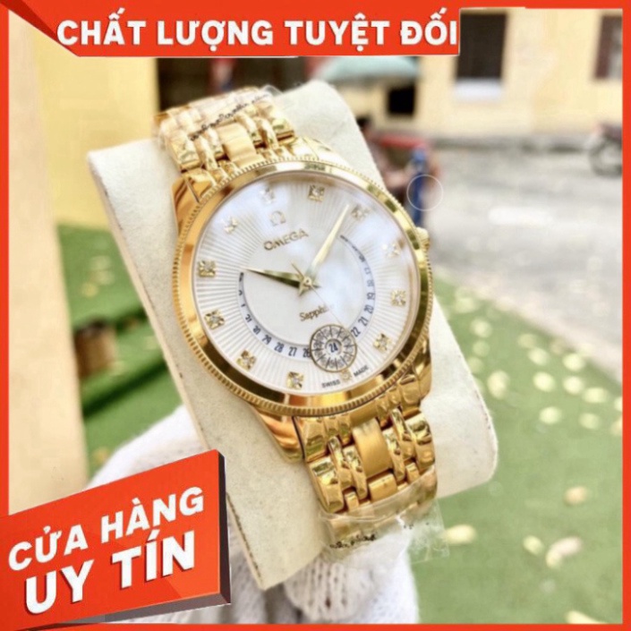 Đồng Hồ Nam omega Sapphire OM047 TRẮNG Mặt Trăng khuyết Máy Pin Nhật Chống Xước Tuyệt Đối