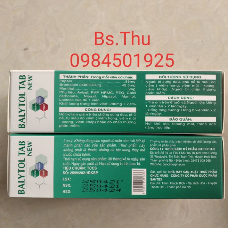 BALYTOL TAB NEW - alpha choay từ thảo dược: Hỗ trợ giảm sưng, phù nề, tụ máu chống viêm.