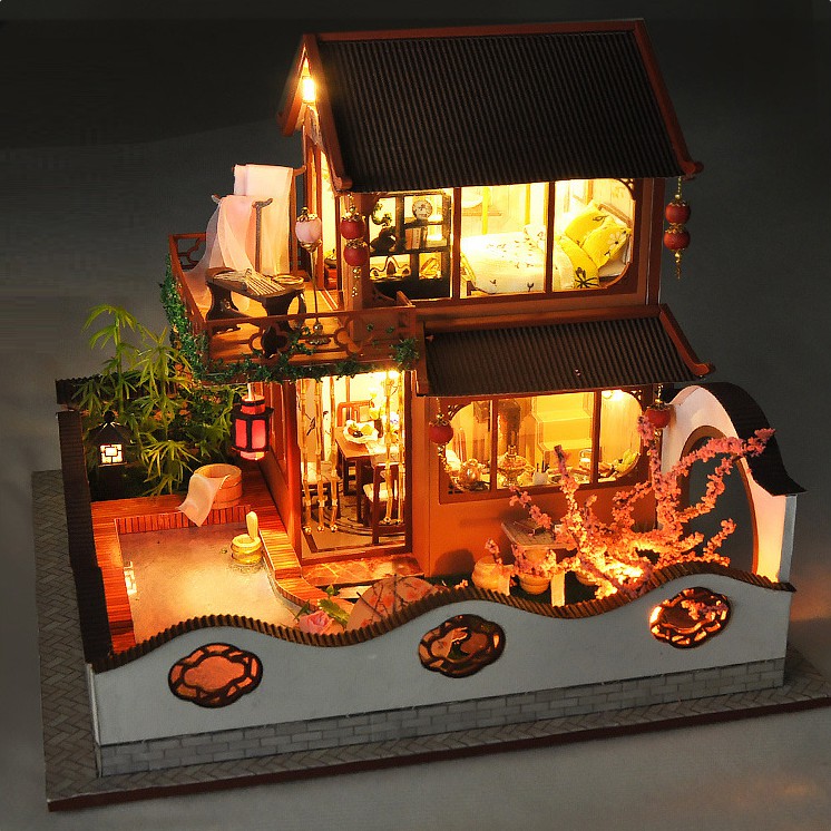 Mô hình nhà DIY Doll House Ancient Style Paradise kèm Mica Chống bụi, Hộp nhạc, Bộ dụng cụ và Keo dán